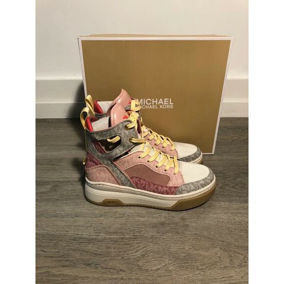 PERFECTION NEW MICHAEL KORS MATSON HIGH TOP CANVAS SNEAKERS PINK MULTI $225 S7.5 - Picture 8 of 12
